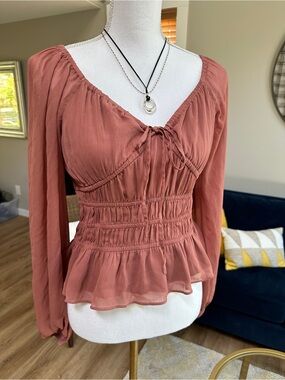 Express smocked Peplum boho romantic sheer Long Sleeve Top in Dusty Rose